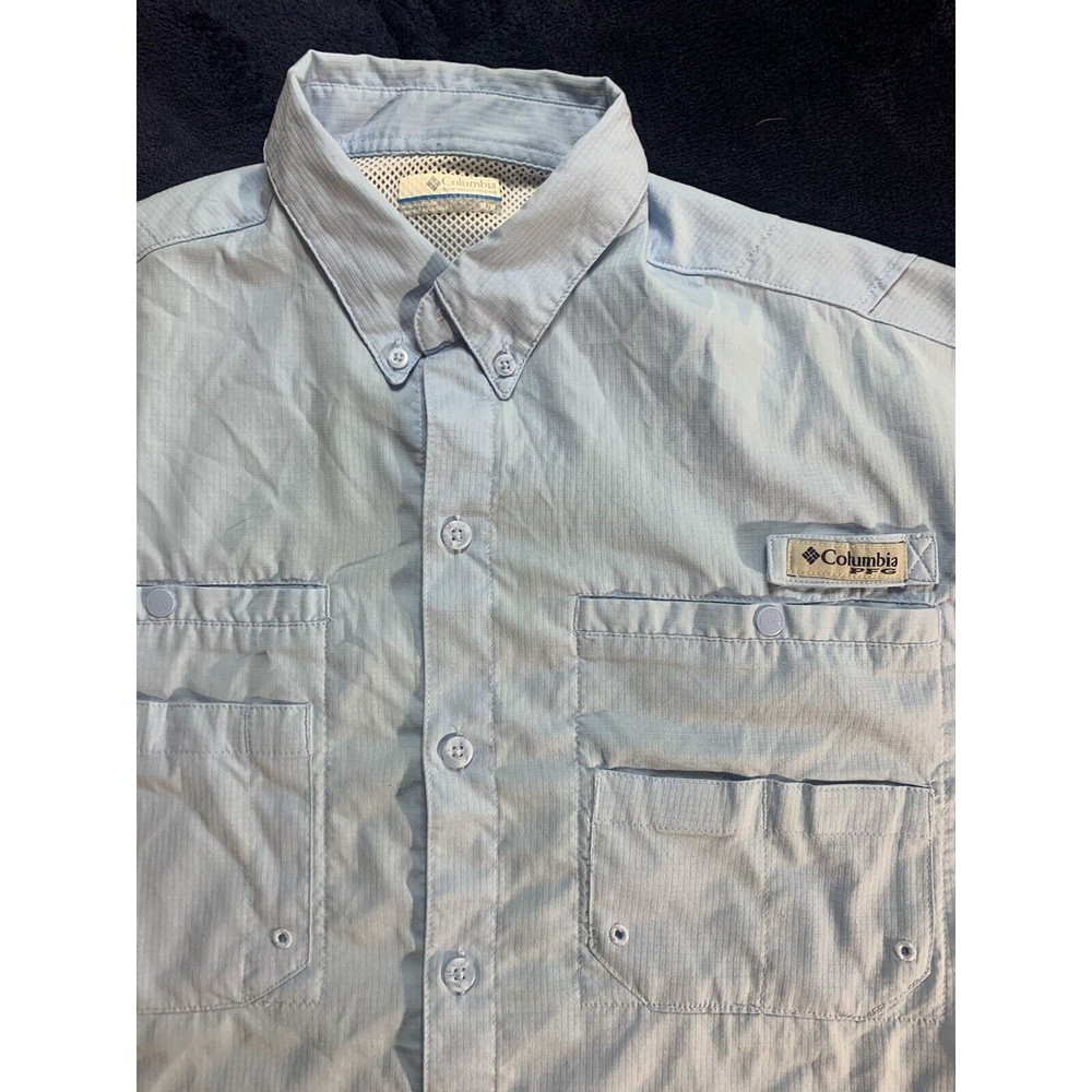 Columbia PFG Mens Medium Short Sleeve Shirt Omni-Shade Light Blue See Photos